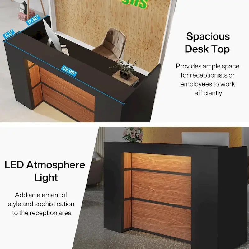 Scrivania a L per 1 persona, colori bianco e marrone / nero e marrone / marrone e nero, con striscia LED e pannello per la privacy