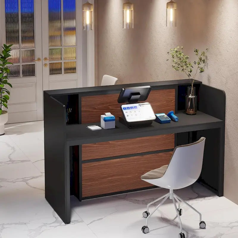 Scrivania a L per 1 persona, colori bianco e marrone / nero e marrone / marrone e nero, con striscia LED e pannello per la privacy