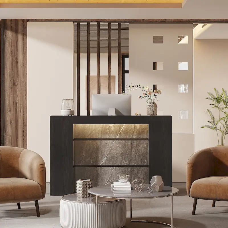 Scrivania a L per 1 persona, colori bianco e marrone / nero e marrone / marrone e nero, con striscia LED e pannello per la privacy