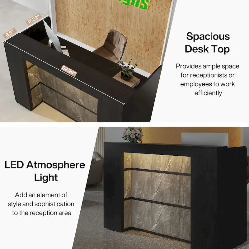Scrivania a L per 1 persona, colori bianco e marrone / nero e marrone / marrone e nero, con striscia LED e pannello per la privacy