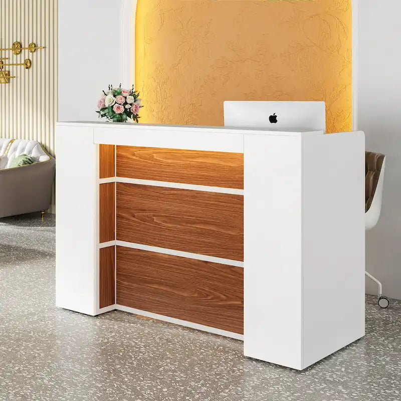 Scrivania a L per 1 persona, colori bianco e marrone / nero e marrone / marrone e nero, con striscia LED e pannello per la privacy