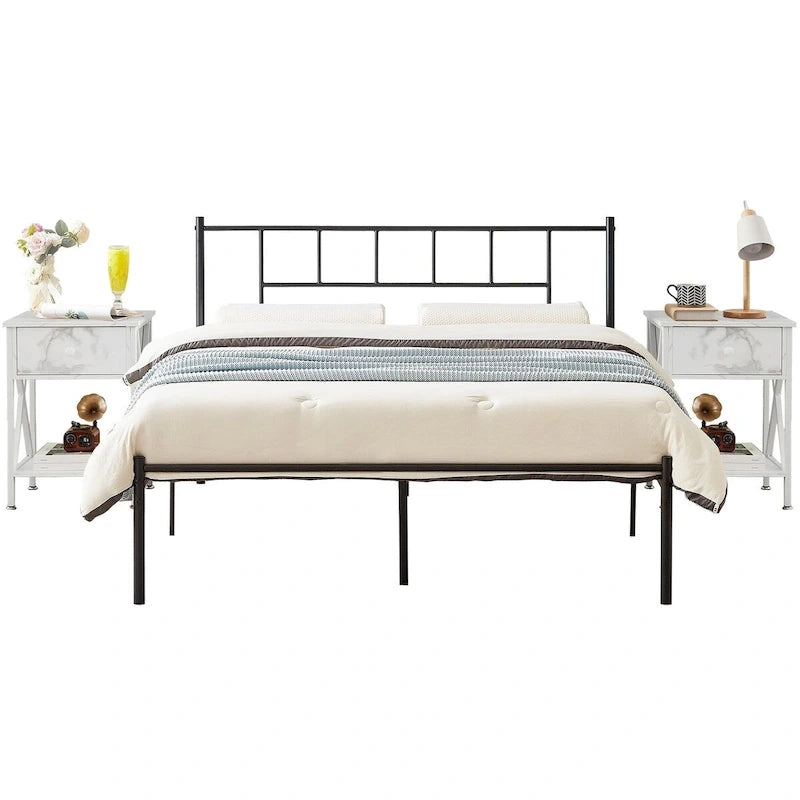 Struttura Letto in Metallo Nero/Bianco/Marrone con Testiera in Legno e 2 Comodini, Singolo/Matrimoniale/Queen, Set da 3 Pezzi