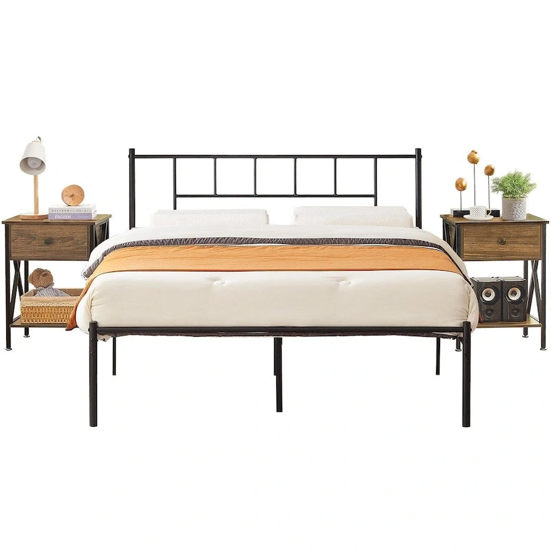 Struttura Letto in Metallo Nero/Bianco/Marrone con Testiera in Legno e 2 Comodini, Singolo/Matrimoniale/Queen, Set da 3 Pezzi