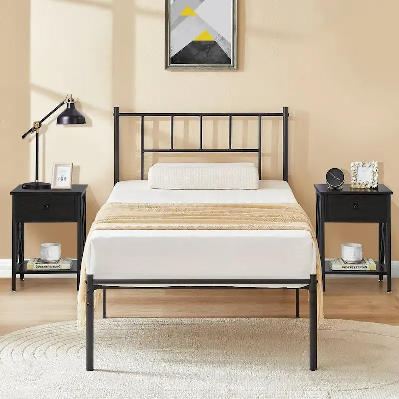Struttura Letto in Metallo Nero/Bianco/Marrone con Testiera in Legno e 2 Comodini, Singolo/Matrimoniale/Queen, Set da 3 Pezzi