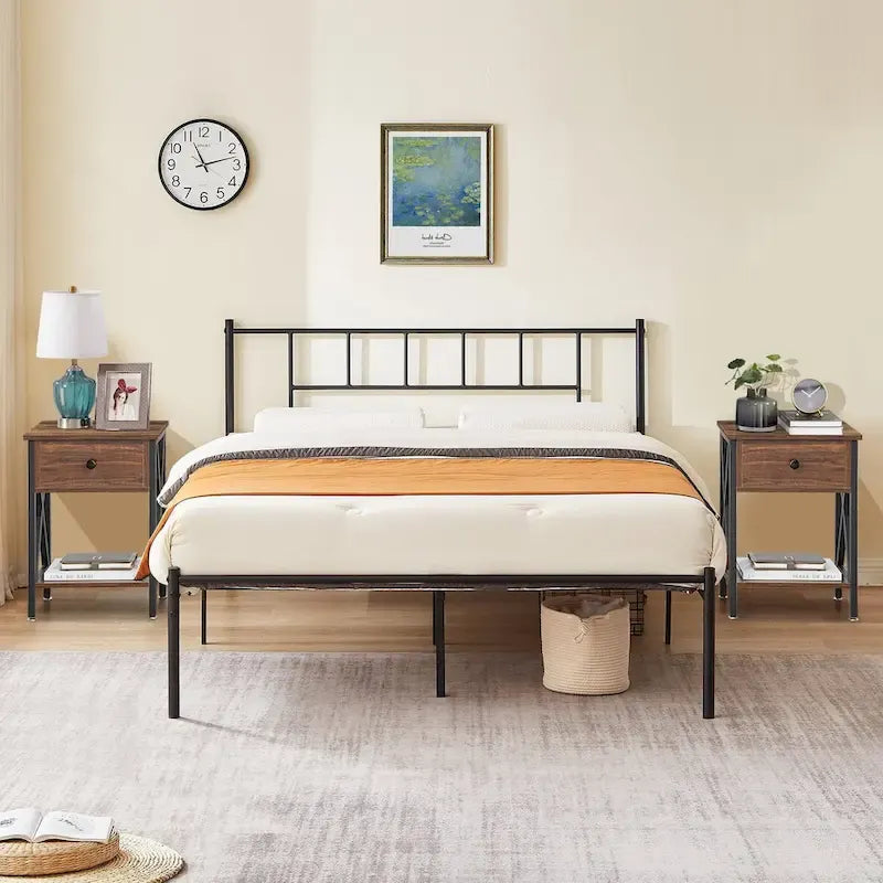 Struttura Letto in Metallo Nero/Bianco/Marrone con Testiera in Legno e 2 Comodini, Singolo/Matrimoniale/Queen, Set da 3 Pezzi