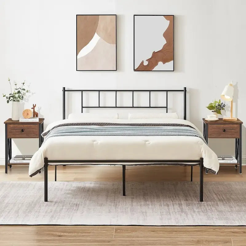 Struttura Letto in Metallo Nero/Bianco/Marrone con Testiera in Legno e 2 Comodini, Singolo/Matrimoniale/Queen, Set da 3 Pezzi