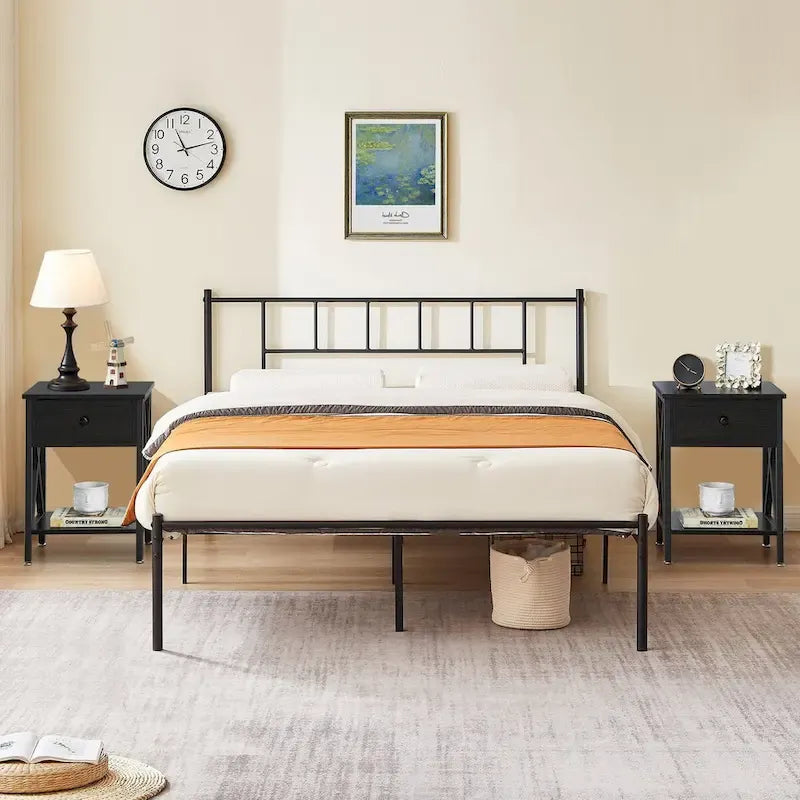 Struttura Letto in Metallo Nero/Bianco/Marrone con Testiera in Legno e 2 Comodini, Singolo/Matrimoniale/Queen, Set da 3 Pezzi