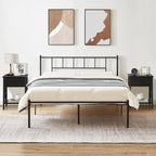 Struttura Letto in Metallo Nero/Bianco/Marrone con Testiera in Legno e 2 Comodini, Singolo/Matrimoniale/Queen, Set da 3 Pezzi