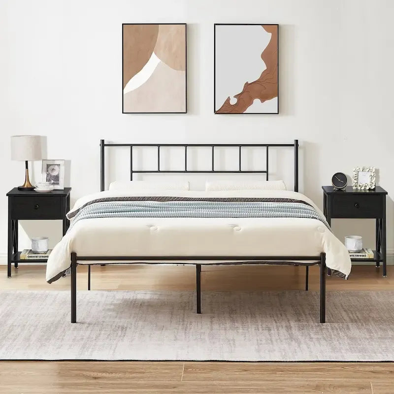 Struttura Letto in Metallo Nero/Bianco/Marrone con Testiera in Legno e 2 Comodini, Singolo/Matrimoniale/Queen, Set da 3 Pezzi