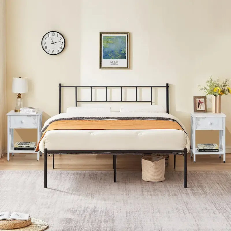 Struttura Letto in Metallo Nero/Bianco/Marrone con Testiera in Legno e 2 Comodini, Singolo/Matrimoniale/Queen, Set da 3 Pezzi