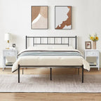 Struttura Letto in Metallo Nero/Bianco/Marrone con Testiera in Legno e 2 Comodini, Singolo/Matrimoniale/Queen, Set da 3 Pezzi