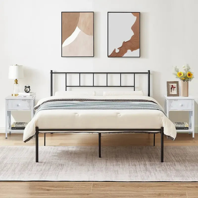 Struttura Letto in Metallo Nero/Bianco/Marrone con Testiera in Legno e 2 Comodini, Singolo/Matrimoniale/Queen, Set da 3 Pezzi