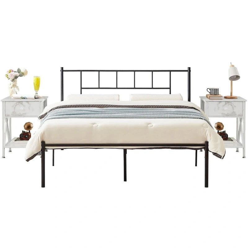Struttura Letto in Metallo Nero/Bianco/Marrone con Testiera in Legno e 2 Comodini, Singolo/Matrimoniale/Queen, Set da 3 Pezzi