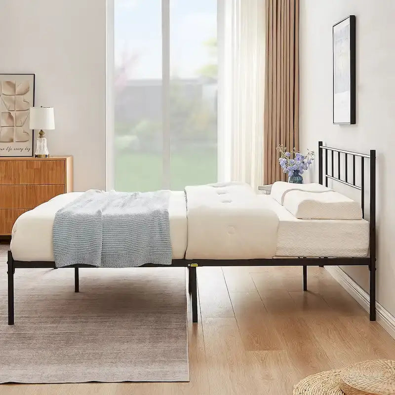 Struttura Letto in Metallo Nero/Bianco/Marrone con Testiera in Legno e 2 Comodini, Singolo/Matrimoniale/Queen, Set da 3 Pezzi
