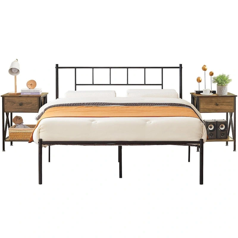 Struttura Letto in Metallo Nero/Bianco/Marrone con Testiera in Legno e 2 Comodini, Singolo/Matrimoniale/Queen, Set da 3 Pezzi