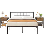 Struttura Letto in Metallo Nero/Bianco/Marrone con Testiera in Legno e 2 Comodini, Singolo/Matrimoniale/Queen, Set da 3 Pezzi