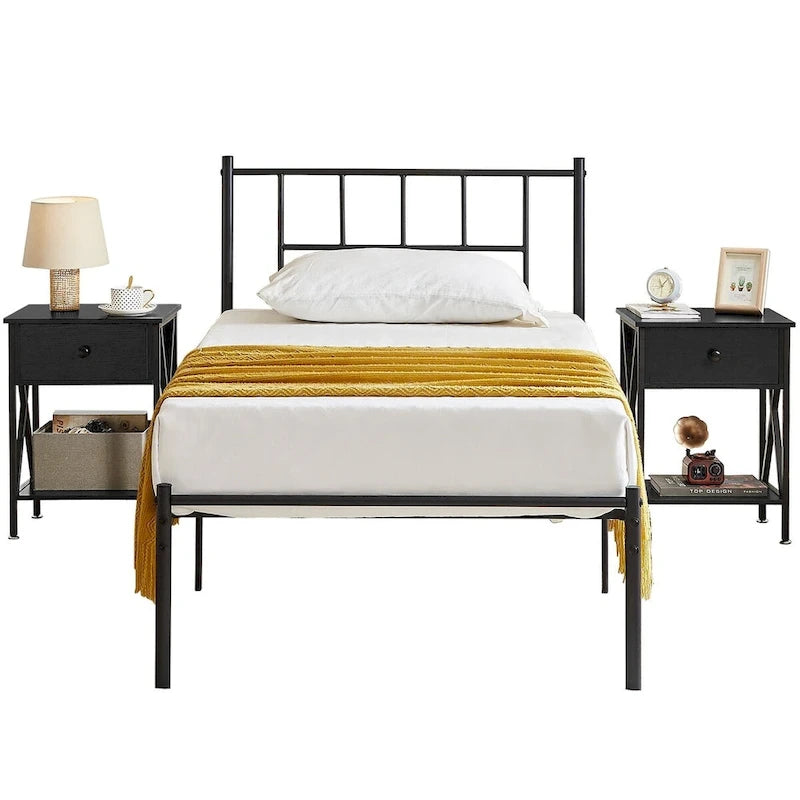 Struttura Letto in Metallo Nero/Bianco/Marrone con Testiera in Legno e 2 Comodini, Singolo/Matrimoniale/Queen, Set da 3 Pezzi