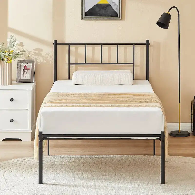 Struttura Letto in Metallo Nero/Bianco/Marrone con Testiera in Legno e 2 Comodini, Singolo/Matrimoniale/Queen, Set da 3 Pezzi
