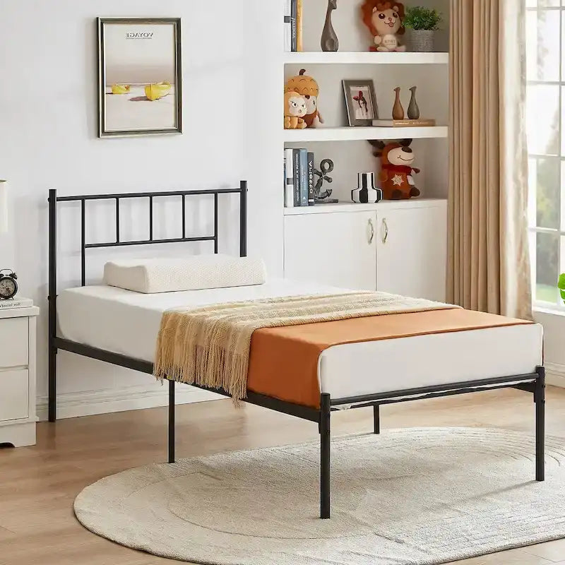 Struttura Letto in Metallo Nero/Bianco/Marrone con Testiera in Legno e 2 Comodini, Singolo/Matrimoniale/Queen, Set da 3 Pezzi