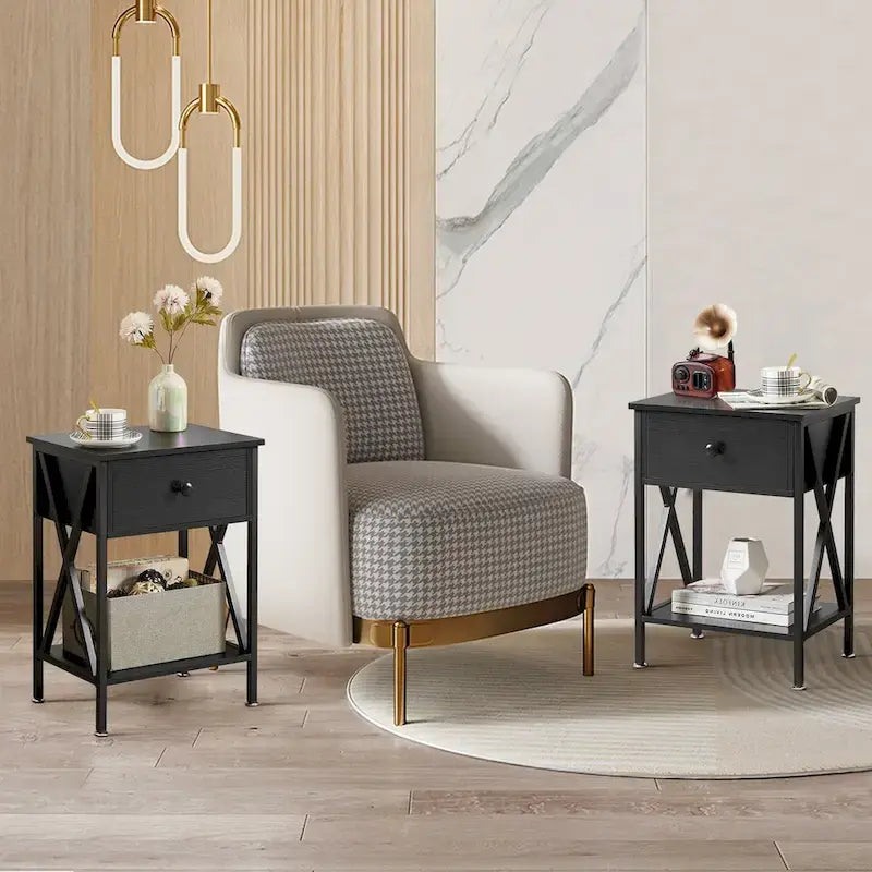 Struttura Letto in Metallo Nero/Bianco/Marrone con Testiera in Legno e 2 Comodini, Singolo/Matrimoniale/Queen, Set da 3 Pezzi