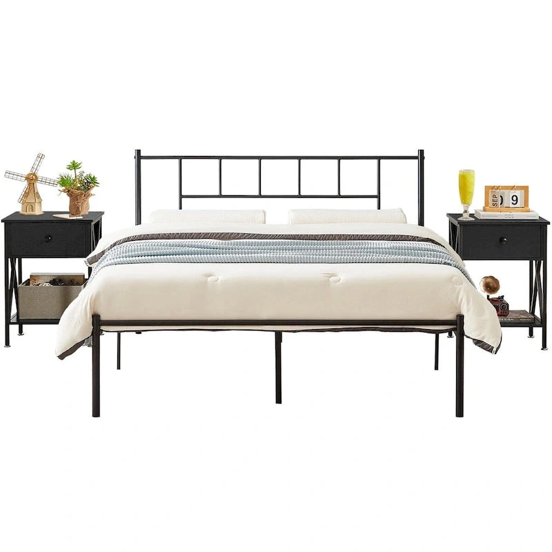 Struttura Letto in Metallo Nero/Bianco/Marrone con Testiera in Legno e 2 Comodini, Singolo/Matrimoniale/Queen, Set da 3 Pezzi