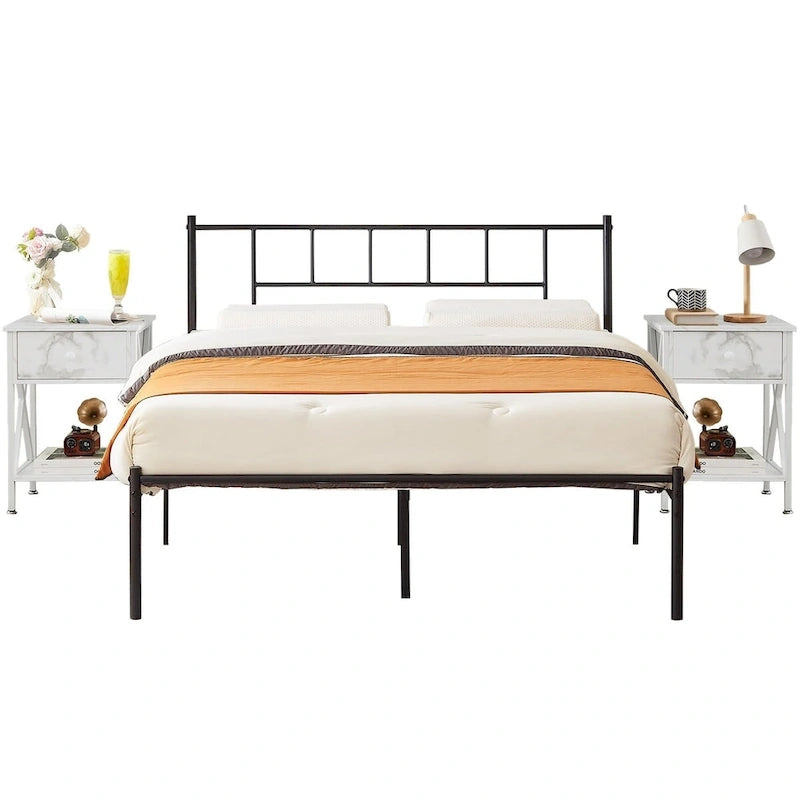 Struttura Letto in Metallo Nero/Bianco/Marrone con Testiera in Legno e 2 Comodini, Singolo/Matrimoniale/Queen, Set da 3 Pezzi