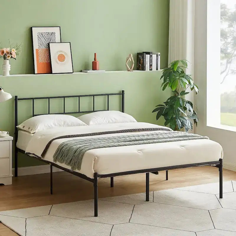 Struttura Letto in Metallo Nero/Bianco/Marrone con Testiera in Legno e 2 Comodini, Singolo/Matrimoniale/Queen, Set da 3 Pezzi
