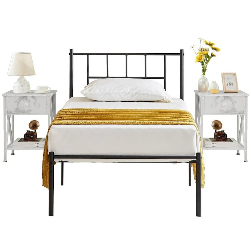 Struttura Letto in Metallo Nero/Bianco/Marrone con Testiera in Legno e 2 Comodini, Singolo/Matrimoniale/Queen, Set da 3 Pezzi