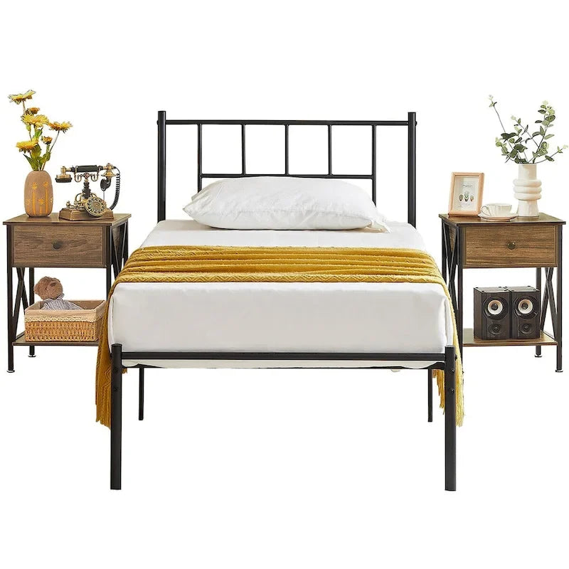 Struttura Letto in Metallo Nero/Bianco/Marrone con Testiera in Legno e 2 Comodini, Singolo/Matrimoniale/Queen, Set da 3 Pezzi