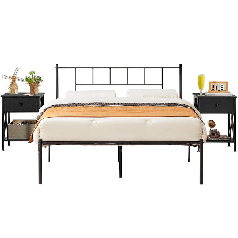 Struttura Letto in Metallo Nero/Bianco/Marrone con Testiera in Legno e 2 Comodini, Singolo/Matrimoniale/Queen, Set da 3 Pezzi