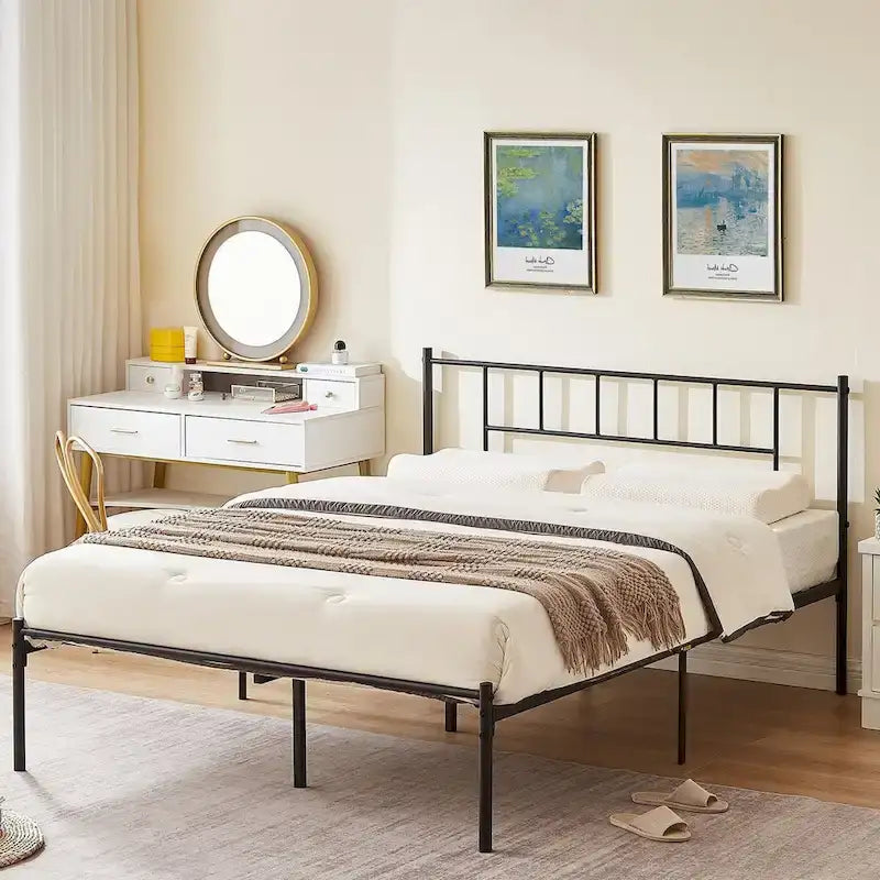 Struttura Letto in Metallo Nero/Bianco/Marrone con Testiera in Legno e 2 Comodini, Singolo/Matrimoniale/Queen, Set da 3 Pezzi