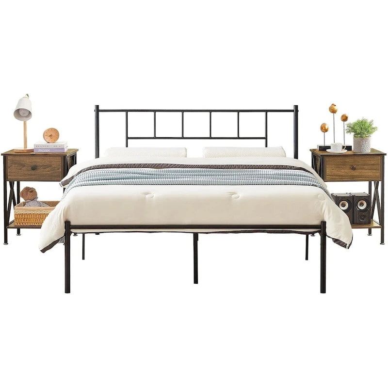 Struttura Letto in Metallo Nero/Bianco/Marrone con Testiera in Legno e 2 Comodini, Singolo/Matrimoniale/Queen, Set da 3 Pezzi