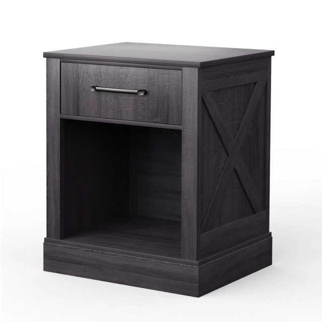 Comodino rustico naturale/marrone/nero con cassetto e ripiano, per 1 persona