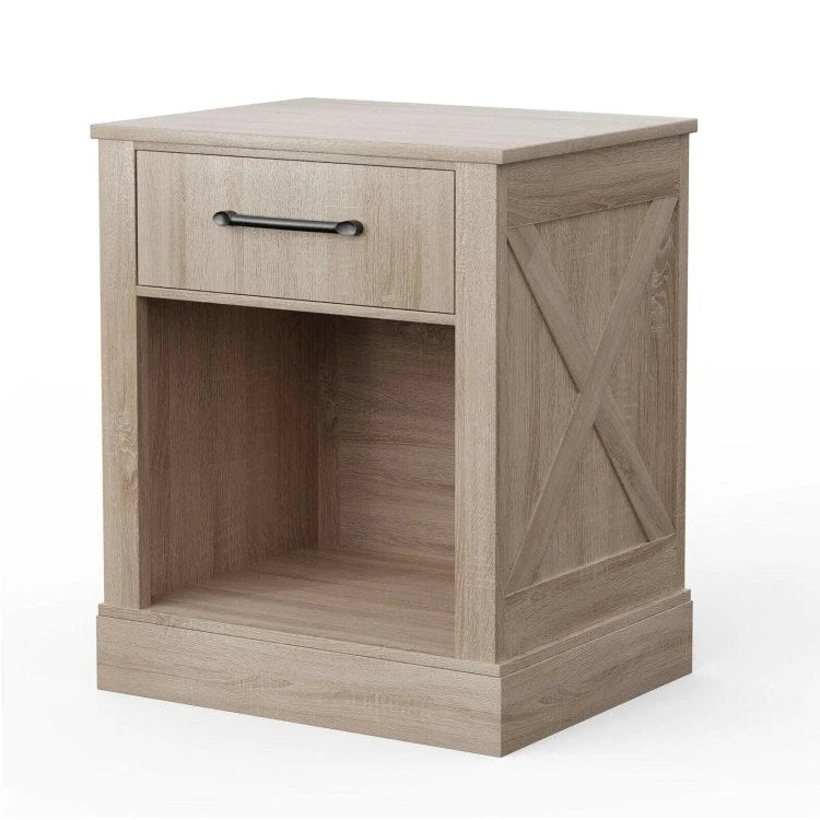 Comodino rustico naturale/marrone/nero con cassetto e ripiano, per 1 persona