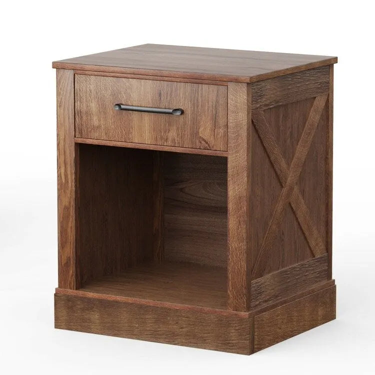 Comodino rustico naturale/marrone/nero con cassetto e ripiano, per 1 persona