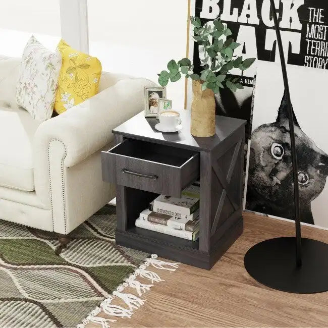 Comodino rustico naturale/marrone/nero con cassetto e ripiano, per 1 persona