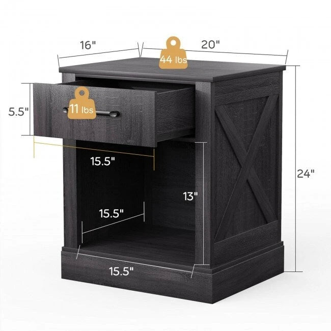Comodino rustico naturale/marrone/nero con cassetto e ripiano, per 1 persona