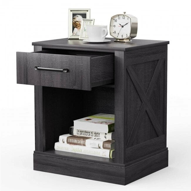 Comodino rustico naturale/marrone/nero con cassetto e ripiano, per 1 persona