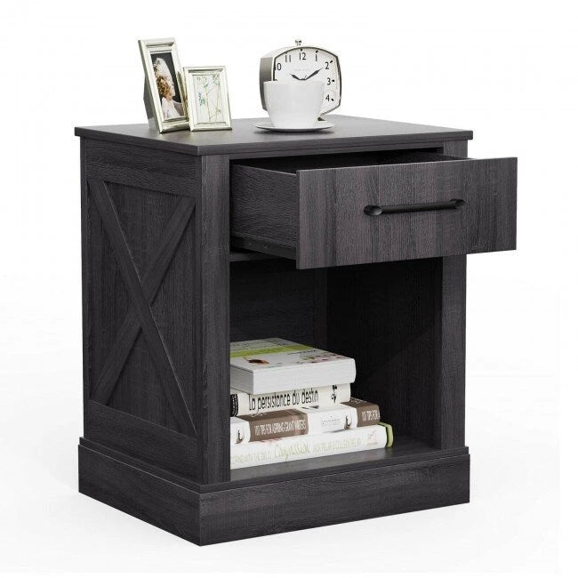 Comodino rustico naturale/marrone/nero con cassetto e ripiano, per 1 persona