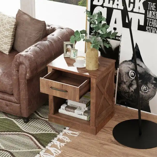 Comodino rustico naturale/marrone/nero con cassetto e ripiano, per 1 persona