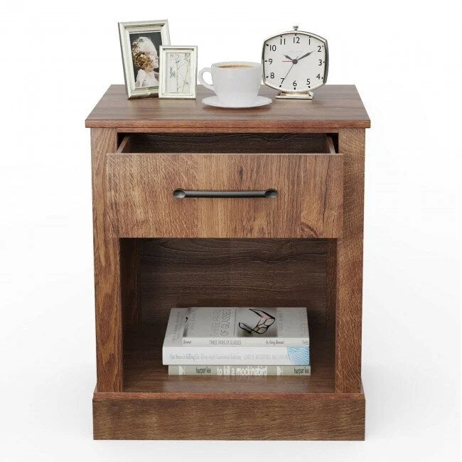 Comodino rustico naturale/marrone/nero con cassetto e ripiano, per 1 persona