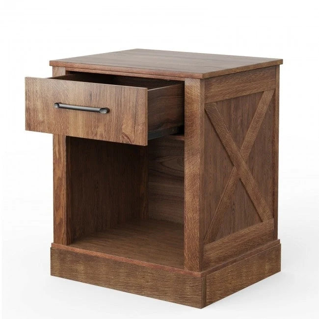Comodino rustico naturale/marrone/nero con cassetto e ripiano, per 1 persona
