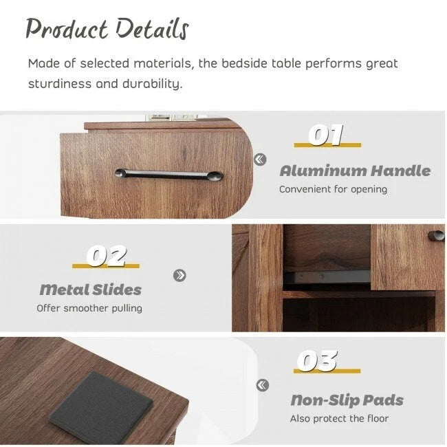 Comodino rustico naturale/marrone/nero con cassetto e ripiano, per 1 persona