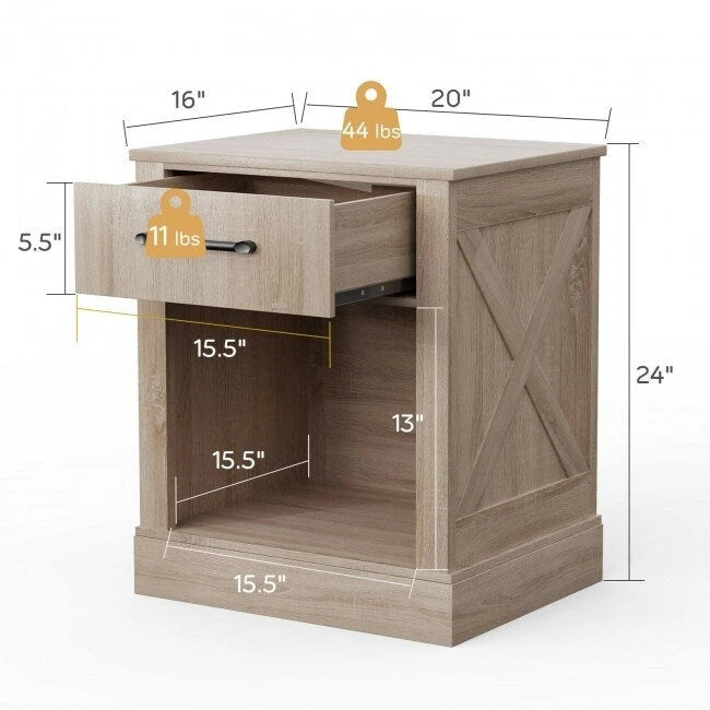 Comodino rustico naturale/marrone/nero con cassetto e ripiano, per 1 persona