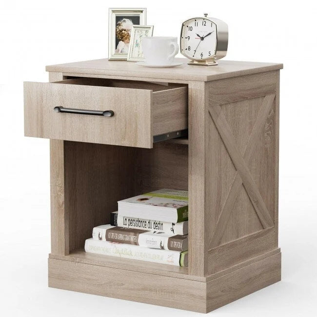 Comodino rustico naturale/marrone/nero con cassetto e ripiano, per 1 persona