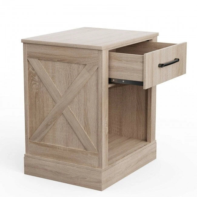 Comodino rustico naturale/marrone/nero con cassetto e ripiano, per 1 persona