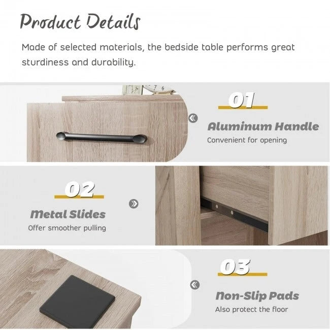 Comodino rustico naturale/marrone/nero con cassetto e ripiano, per 1 persona