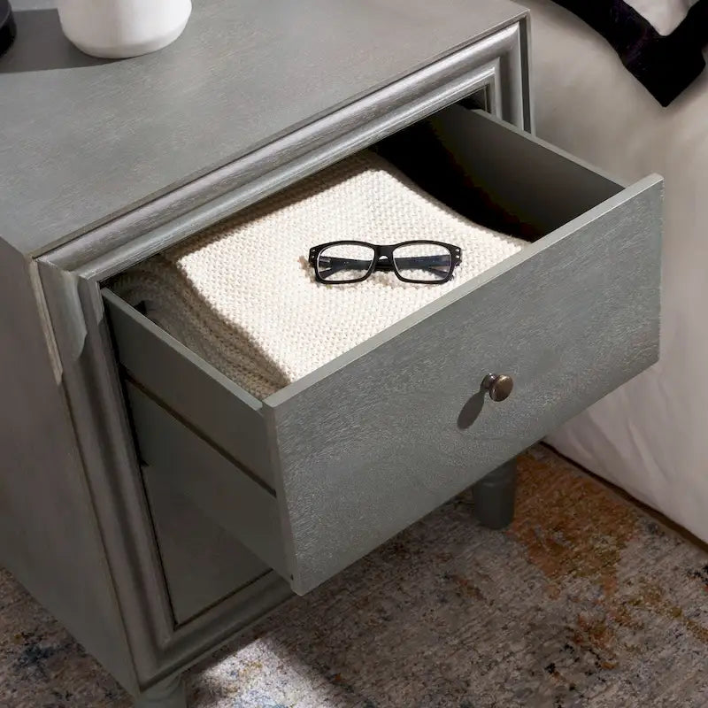 Comodino con 2 cassetti, Verde Ottanio Scuro / Grigio Cenere, 56 cm L x 56 cm P x 66 cm A, Singolo