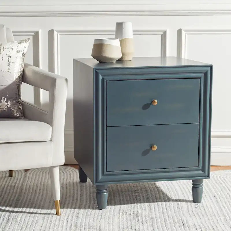 Comodino con 2 cassetti, Verde Ottanio Scuro / Grigio Cenere, 56 cm L x 56 cm P x 66 cm A, Singolo