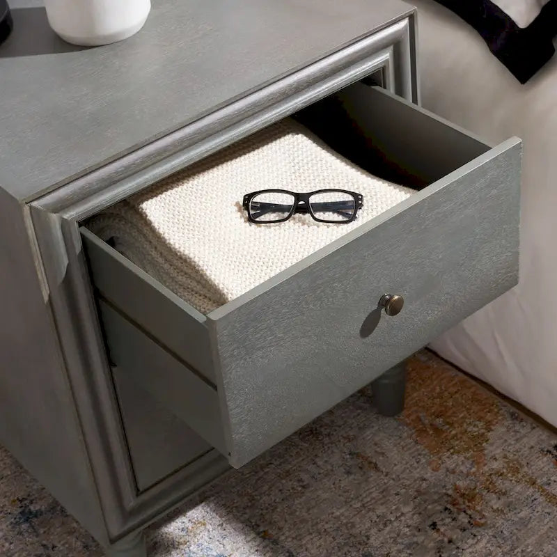 Comodino con 2 cassetti, Verde Ottanio Scuro / Grigio Cenere, 56 cm L x 56 cm P x 66 cm A, Singolo